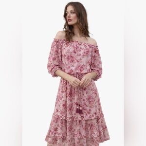 NWT Hale Bob Pink Floral Off Shoulder Tiered Ruffle Dress XS Boho Resort
